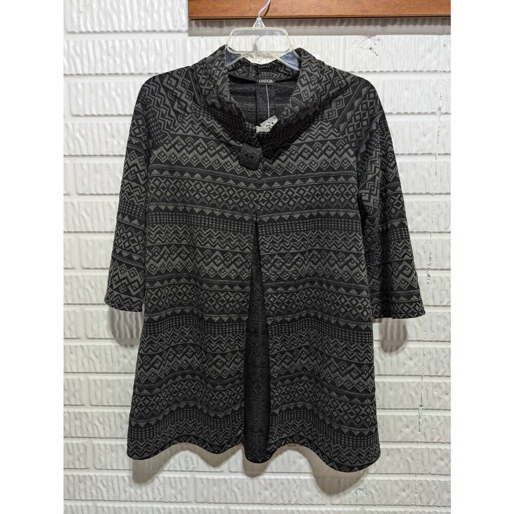 Fantazia Women's Gray & Black Geometric Pattern One-Button 3/4 Sleeve Jacket Siz